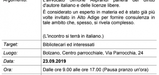 Un mio corso su diritto d’autore e Creative Commons alla Biblioteca Teßmann di Bolzano